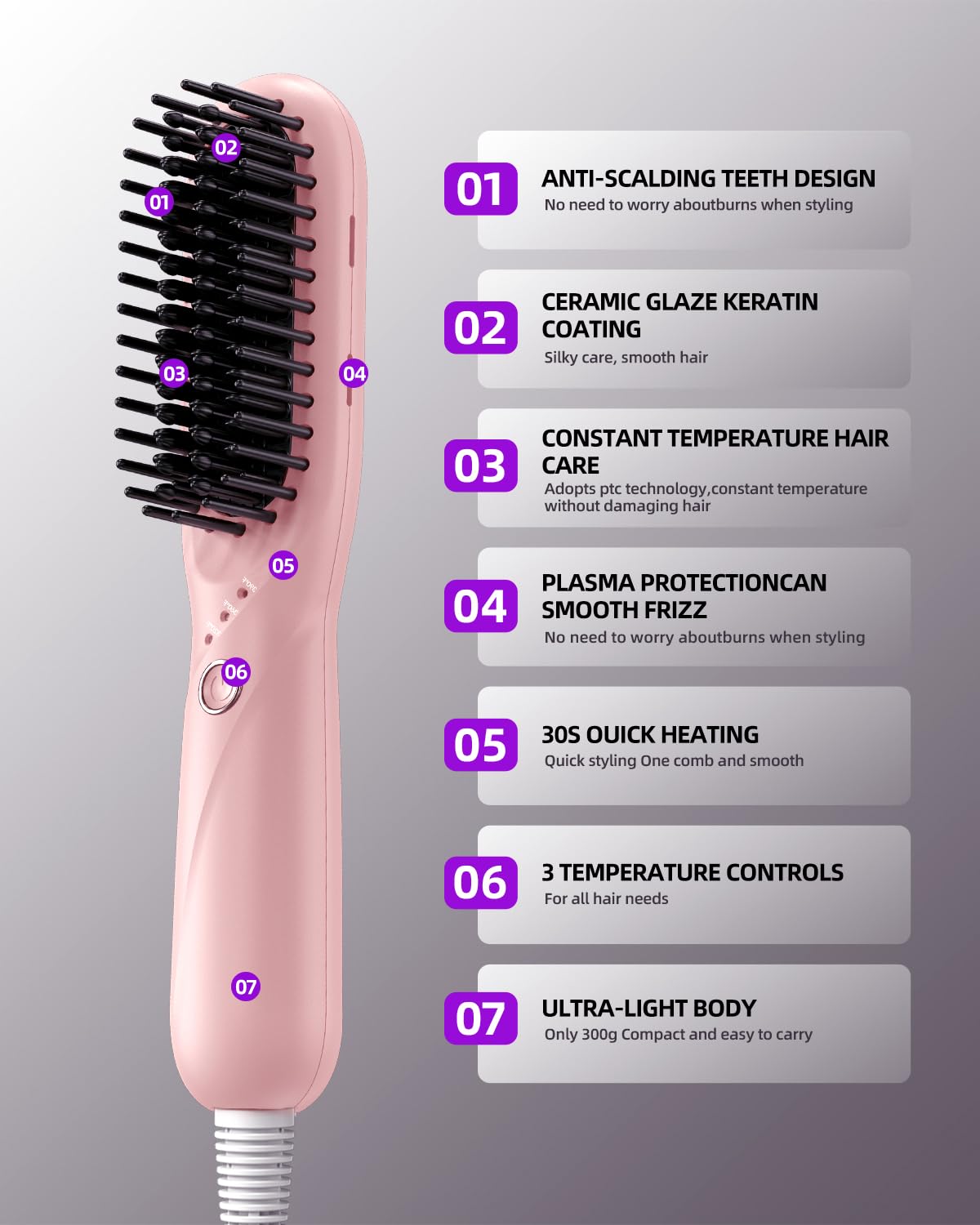 Hair Straightener Brush, TSUYAGLA Portable Ionic Hair Straightener